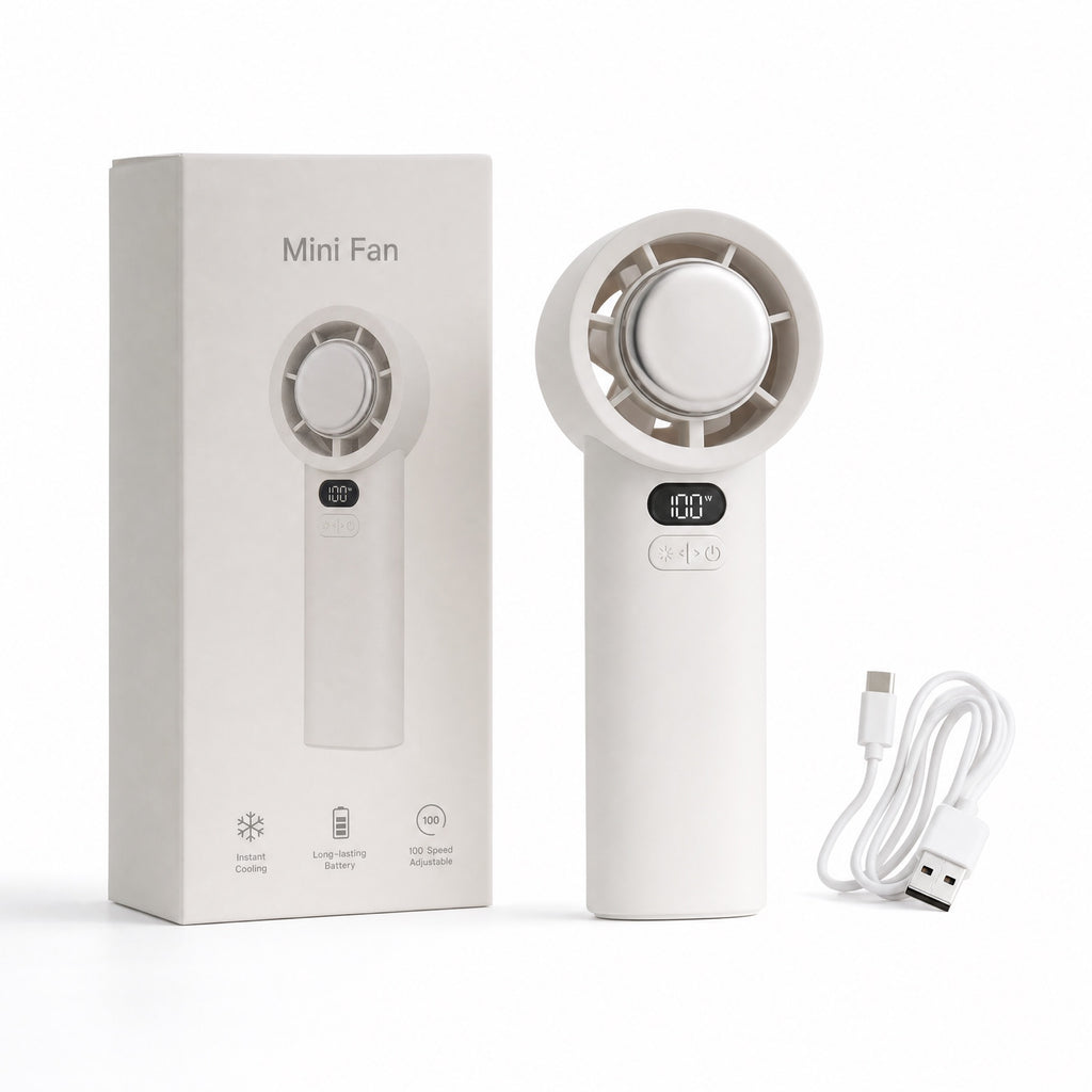 Mini fan with retail box and USB-C cable