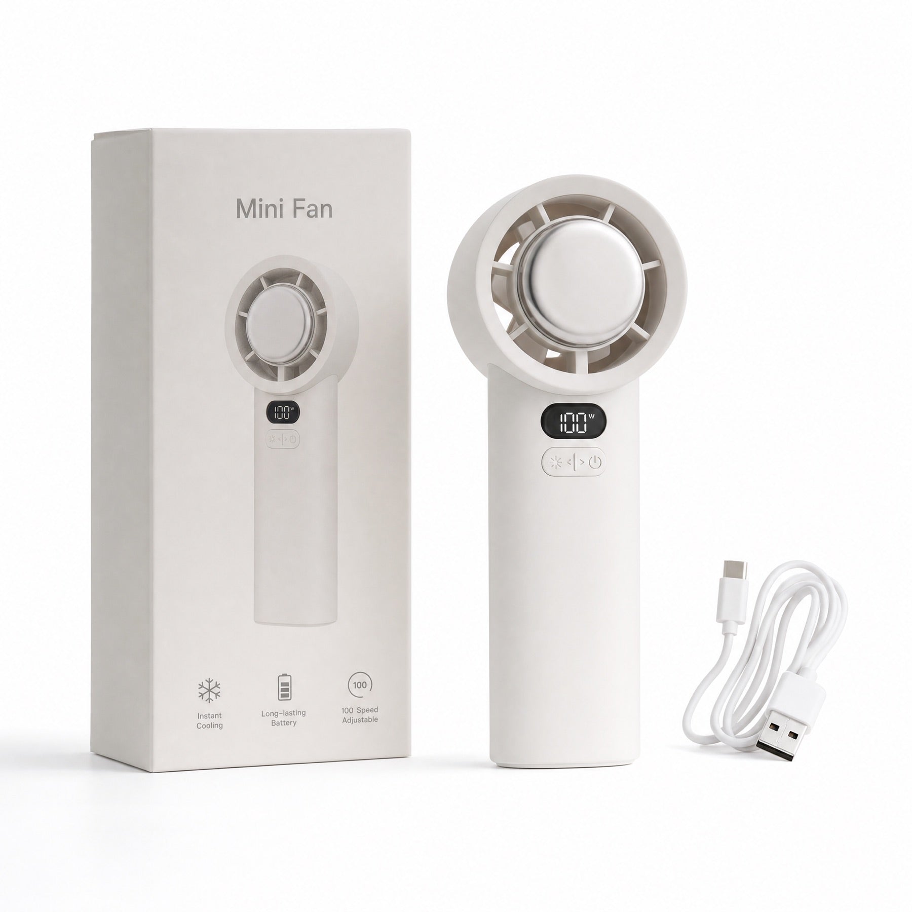 Mini fan with retail box and USB-C cable