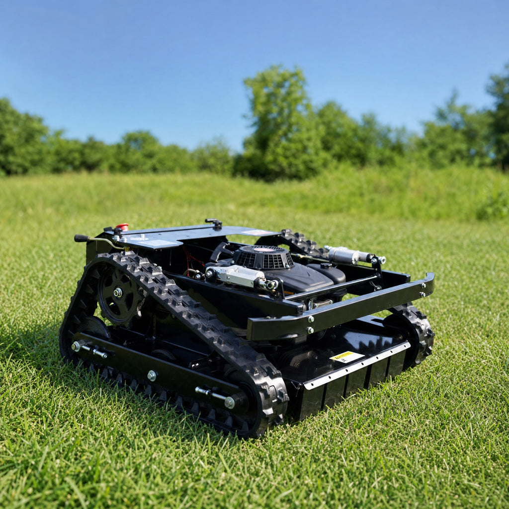 Tracked slope mower cutting grass on a field